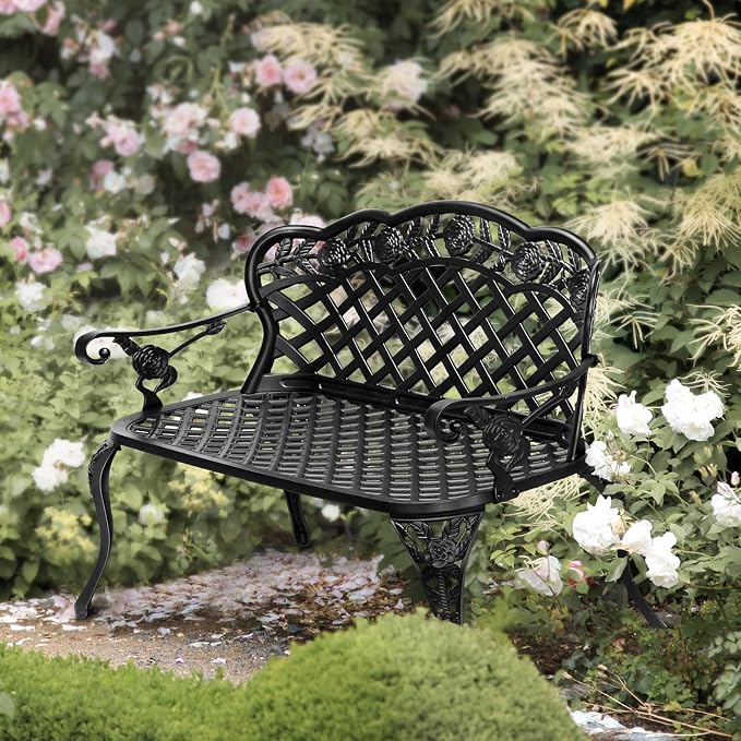 VINGLI 42.5" Outdoor Bench, Antique Cast Aluminum Front Porch Bench Metal - Image 7