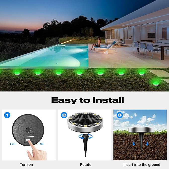 Peasur Mini Solar Ground Lights Outdoor, 8 Pack Flat Solar Powered Disc Lights - Image 4