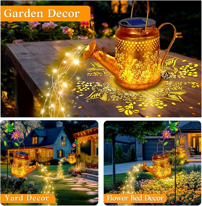 Solar Powered Hummingbird with Flowers Watering Can Lights Waterproof Outdoor - Image 5
