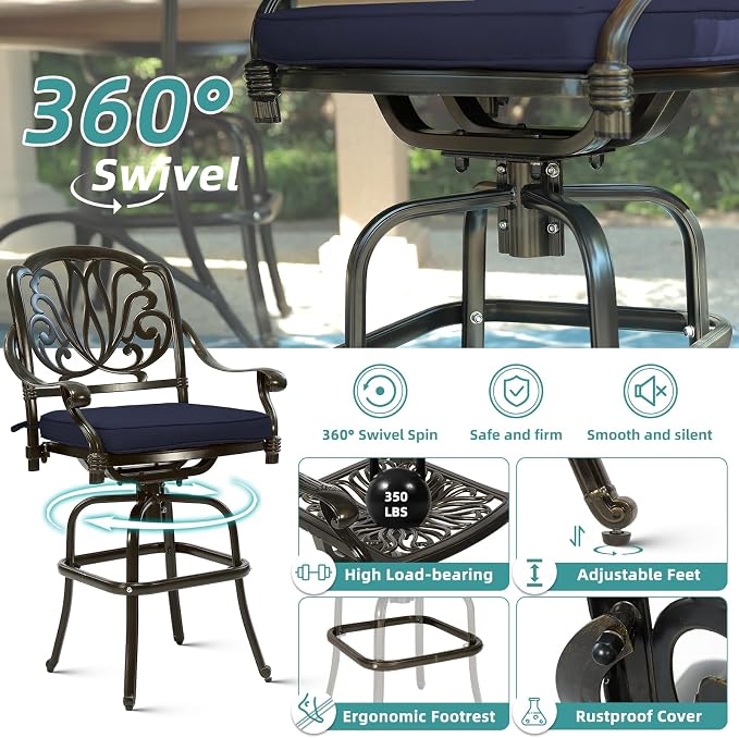 MEETWARM 2 Piece Patio Swivel Bar Chairs, All Weather Cast Aluminum High Swivel - Image 4