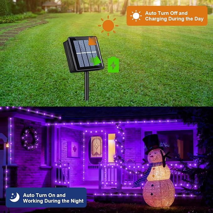QITONG 2 Pack Purple Solar Rope Lights, Each 33ft 100 LED String Lights - Image 3
