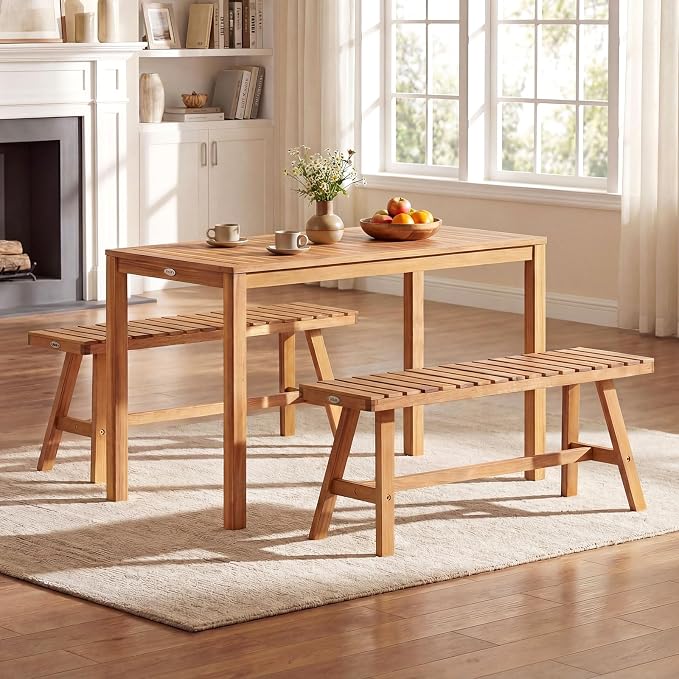 Tangkula 3 Pieces Acacia Wood Patio Dining Set, Outdoor Rectangular Table and - Image 3