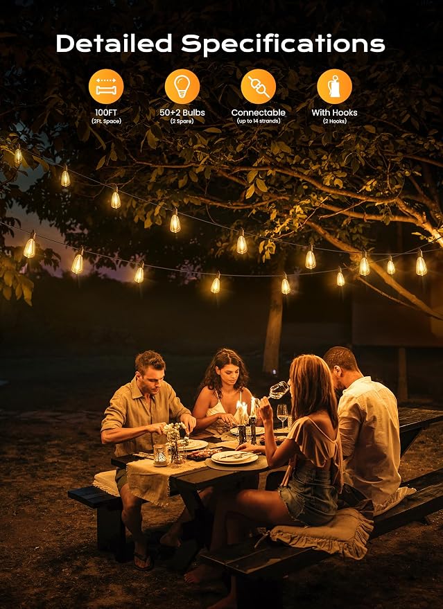 Brightown Outdoor String Lights, 100FT 50+2 LED ST38 LED Patio Lights - Image 2