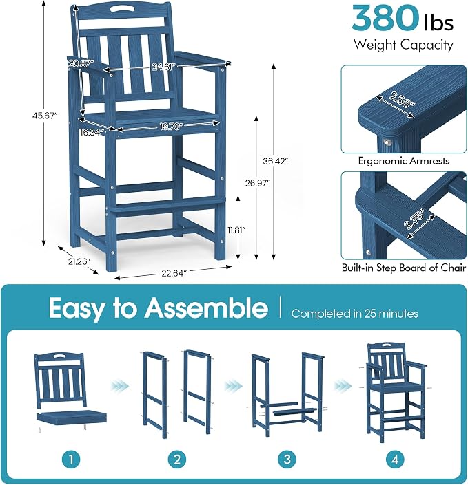 Ciokea Heavy Duty Bar Height Chair, 380lbs Outdoor Adirondack Tall Bar Chair - Image 2