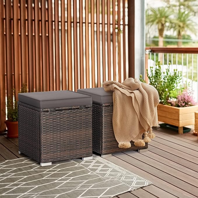 RELAX4LIFE Wicker Outdoor Storage Ottoman, 2-Piece Rattan Footstool w/Removable - Image 2