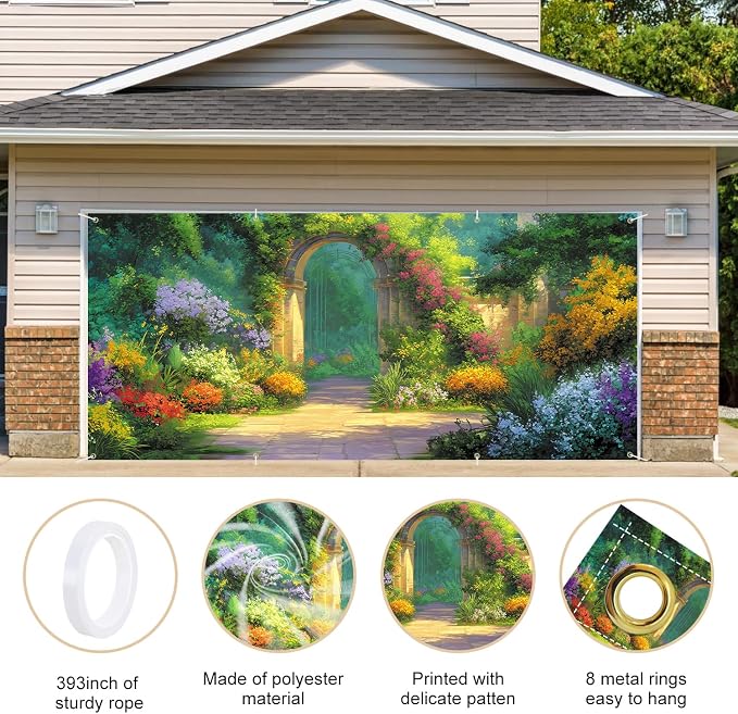 Spring Garden Archway Garage Door Banner 6x13FT, Colorful Flower Path Garage - Image 4