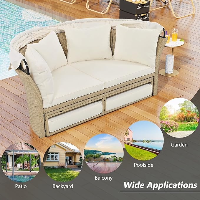 Outdoor Patio Daybed Wicker Rattan Double Daybed Round Sofa Furniture Set - Image 4