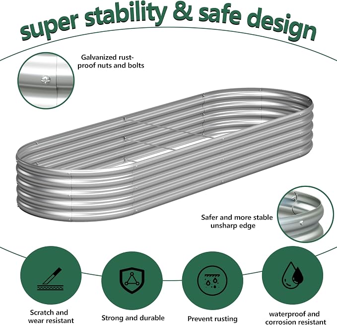 2PCS 8x2x1FT Galvanized Raised Garden Bed Kit, Vegetable Boxes-Oval Metal - Image 2