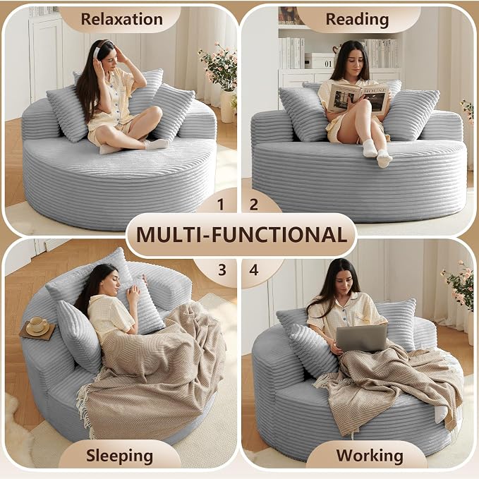 Oversized Round Chair Lounge Chaise Indoor, Upholstered Corduroy Deep Seat - Image 5