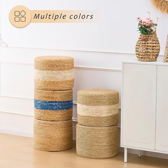 Handwoven Water Hyacinth Ottoman Pouf, Round Outdoor Footstool - Image 8