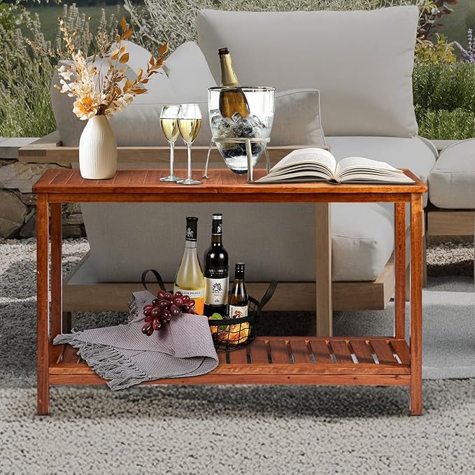 VINGLI 49in Solid Wood Outdoor Console Table, 2-Shelf Wooden Outdoor Accent - Image 2