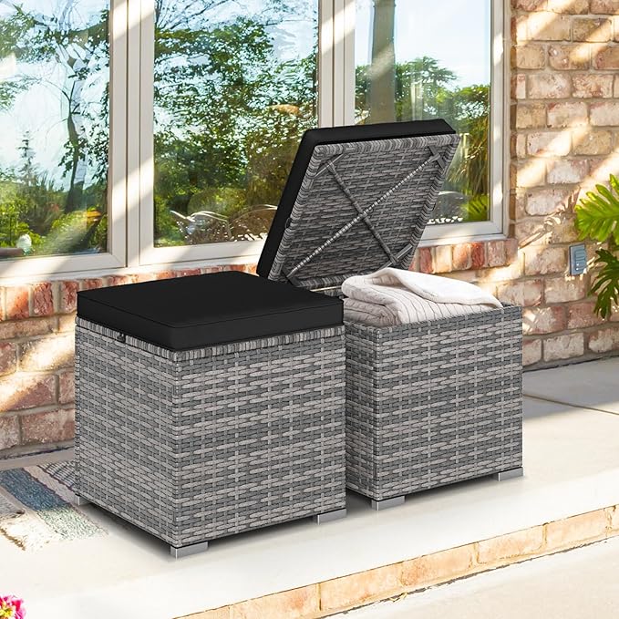 Tangkula 2 Pieces Patio Ottomans, Patiojoy Hand-Woven PE Rattan Side Table - Image 2