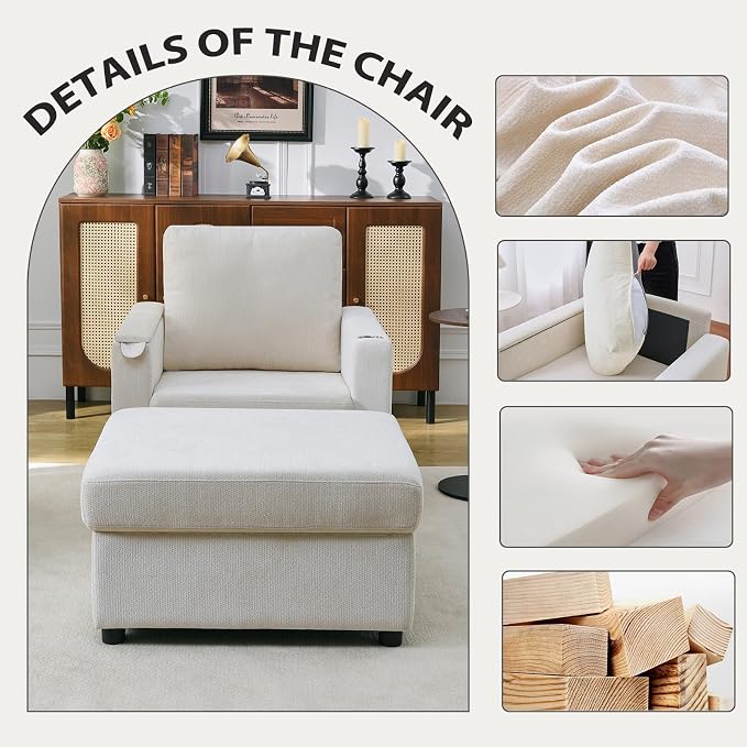 Modern Accent Chairs with Storage Ottoman Set, Comfy Chenille Reading Armchair - Image 4