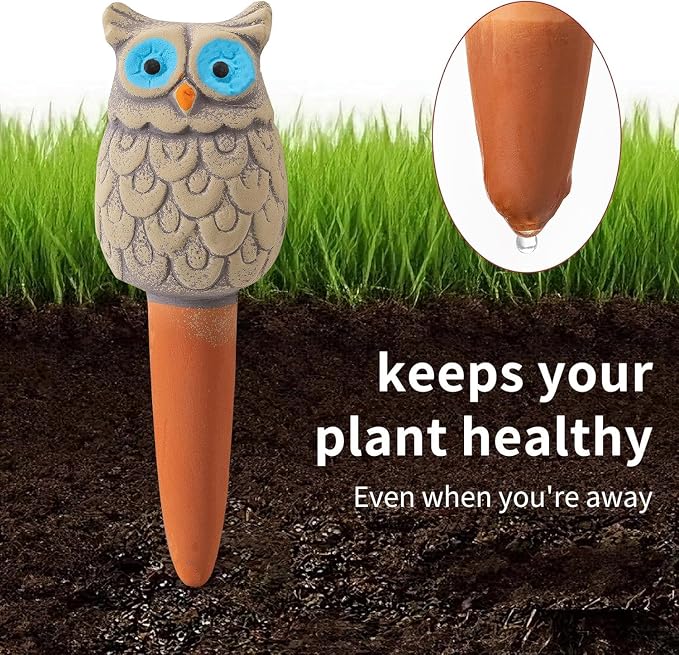 4 Pack Handmade Terracotta Owl Watering Spikes and Globes, Self-Watering Plant - Image 3