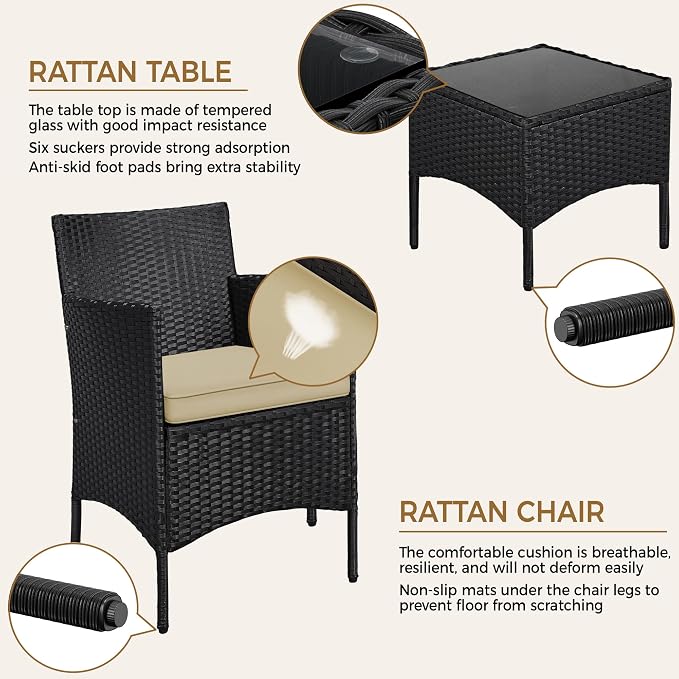 Yaheetech 3 Pieces Patio Conversation Set, Outdoor Rattan Bistro Furniture - Image 5