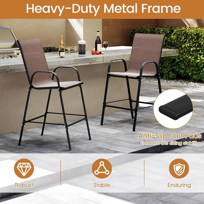 Tangkula Outdoor Bar Stools Set of 2, Enlarged Seat & Metal Frame, Tall Patio - Image 6