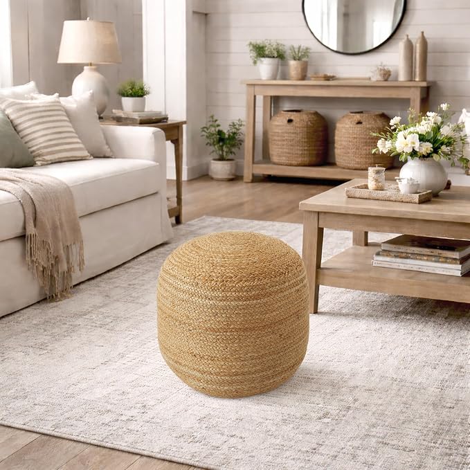 Casafield Hand-Braided Jute Pouf Ottoman Footrest, Natural Woven Boho Floor - Image 2