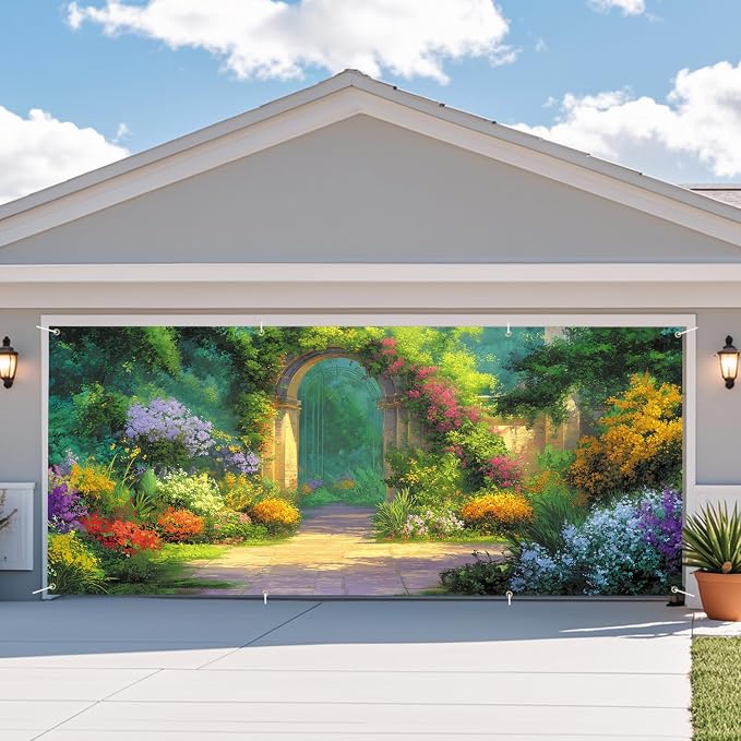 Spring Garden Archway Garage Door Banner 6x13FT, Colorful Flower Path Garage - Image 7