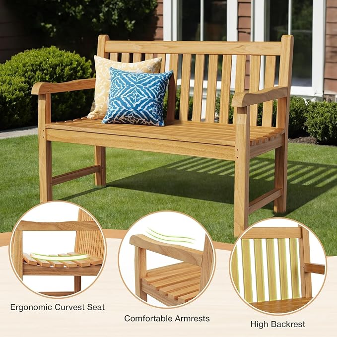Teak Wood Outdoor Bench Set of 2, Weatherproof Garden Benches - Image 7