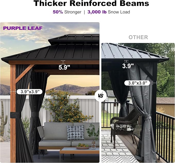 PURPLE LEAF 8' X 12' Hardtop Gazebo Outdoor Wood Grain Aluminum Frame - Image 2