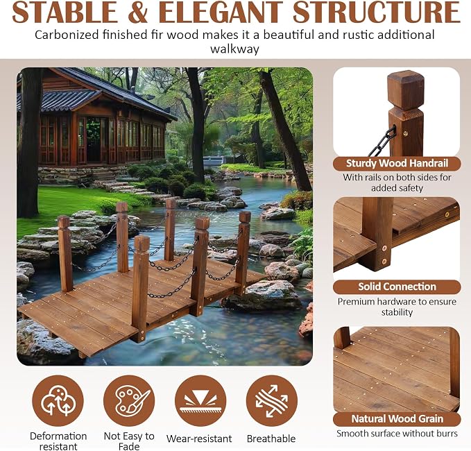 5 FT & 3.3 FT Wooden Garden Bridge, Stained Wood Arc Footbridge - Image 3
