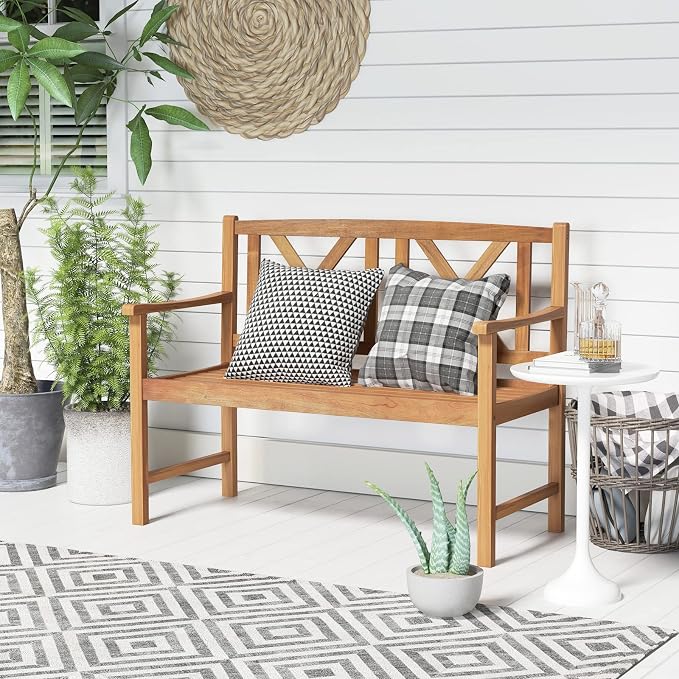 Tangkula Patio Acacia Wood Bench, 2-Person Outdoor Loveseat Chair, Cozy Armrest - Image 4