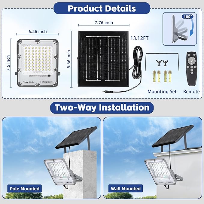 100W Solar Flood Light Outdoor Waterproof, 24000LM 6500K LED Solar Street Light - Image 6