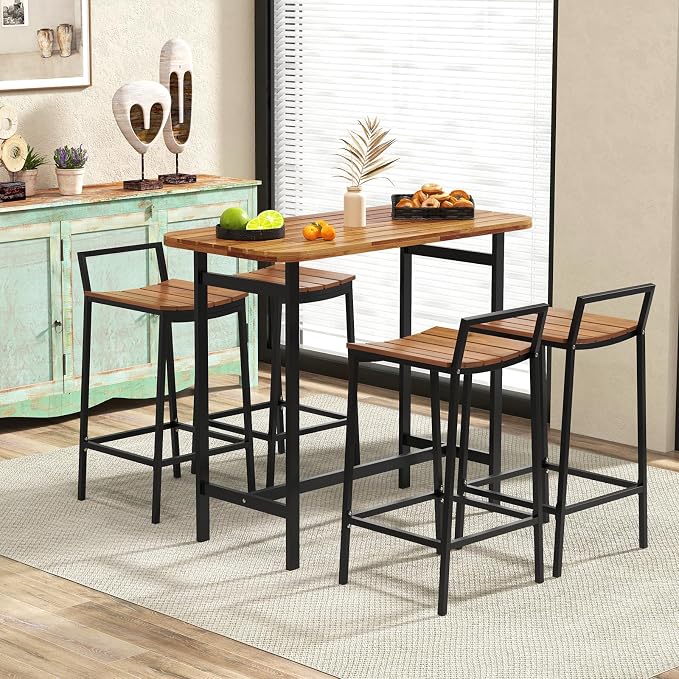 Tangkula 5 Piece Acacia Wood Bar Table Set, Outdoor Bar Height Table & Chairs - Image 4