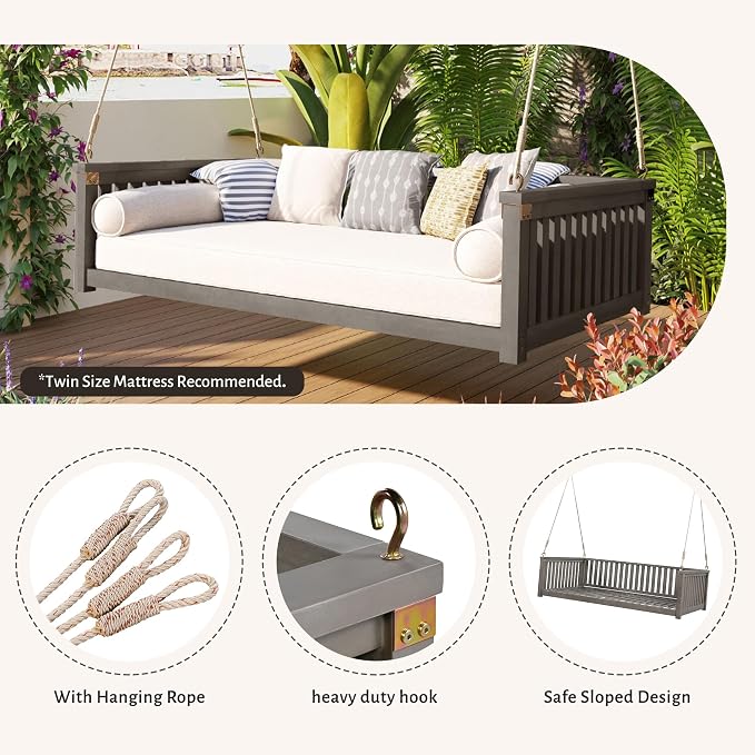 LUMISOL Patio Twin Size Swing Bed, Wooden Porch Swing Frame - Image 4