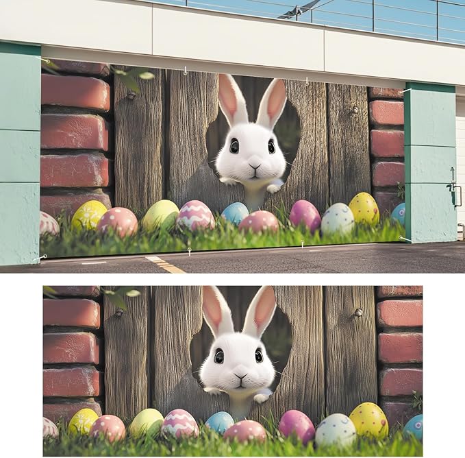 ANNA QUEEN Easter Bunny Garage Door Banner 6x13FT, Cute Rabbit Peeking Through - Image 6
