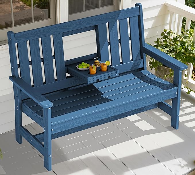 SERWALL Outdoor Bench with Cup Holder, All Weather Patio Benches with High by SERWALL