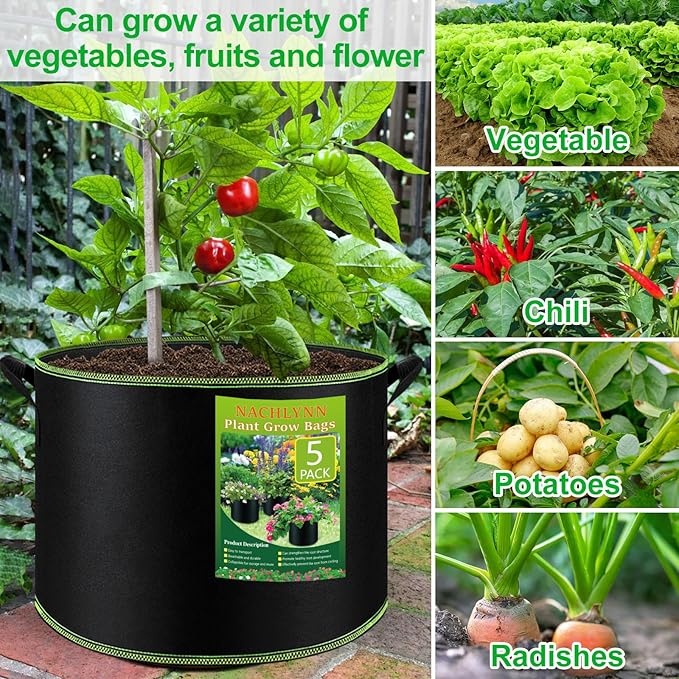 NACHLYNN 5-Pack 5 Gallon Grow Bags Heavy Duty Aeration Fabric Pots - Image 7