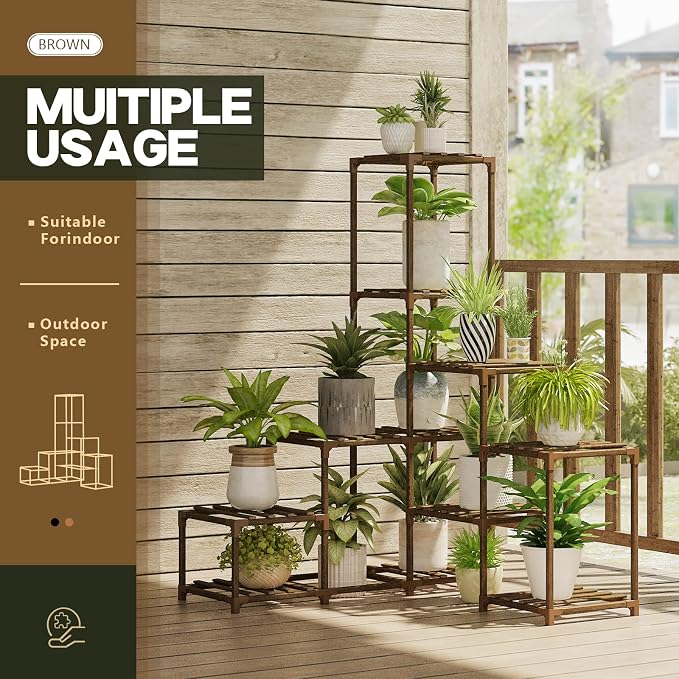 Bamworld Plant Stand Indoor Corner Plant Shelf Wood Plant Holder 13 Pots - Image 2