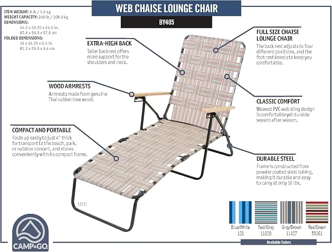 Camp & GO 4-Position Folding Web Lawn Chair Outdoor Lounger - Image 7