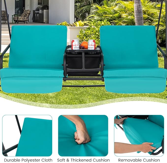 Tangkula 2 Person Porch Swing, Pivot Storage Table, Cooler Bag, 2 Cup Holders - Image 6
