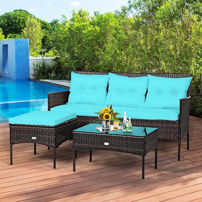 Tangkula 3 Pieces Patio Conversation Set, Outdoor PE Rattan Wicker Furniture - Image 3