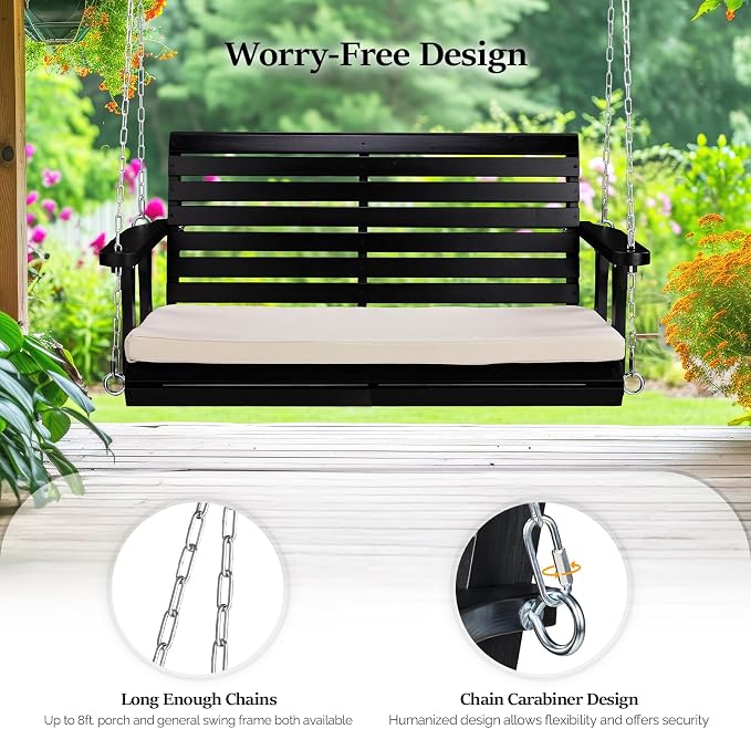 VINGLI Wooden Porch Swing, Heavy Duty 880 LBS Hanging Patio Bench - Image 4