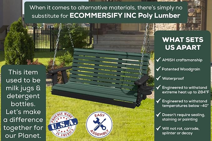 Poly Lumber Wood 4FT Porch Swing Amish Craftsmandship Made in USA HDPE - Image 3
