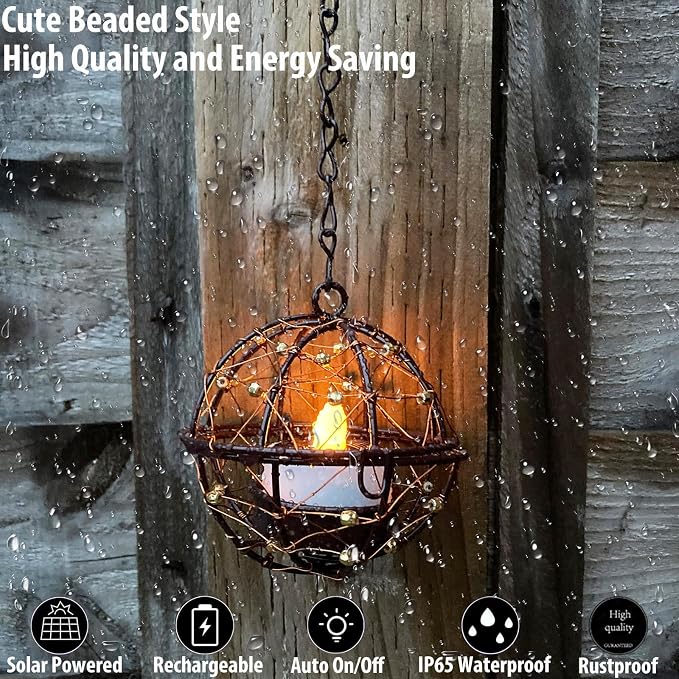 Outdoor Solar Hanging Lanterns Waterproof, Globe Hanging Candle Holder - Image 3