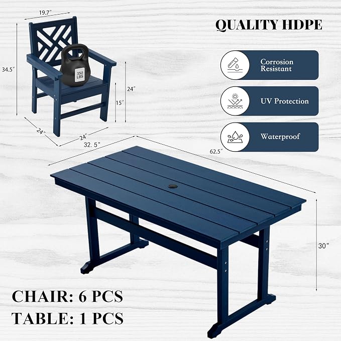 HDPE Dining Table Set for 6, 7-Piece Outdoor Table and Chairs Include 6 Dining - Image 2