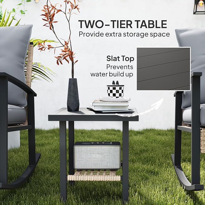 Outsunny 3 Pieces Rocking Wicker Outdoor Bistro Set, Rattan Patio Furniture Set - Image 4