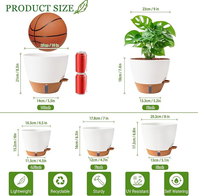 Self Watering Pots for Inoor Ourdoor Plants 10/9/8/7/6.5 Inch Plastic Planters - Image 3