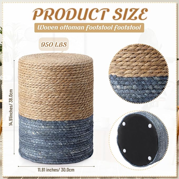 Barydat 2 Pcs 15'' Ottoman Pouf Natural Seagrass Braided Poof Hand Weaving - Image 3