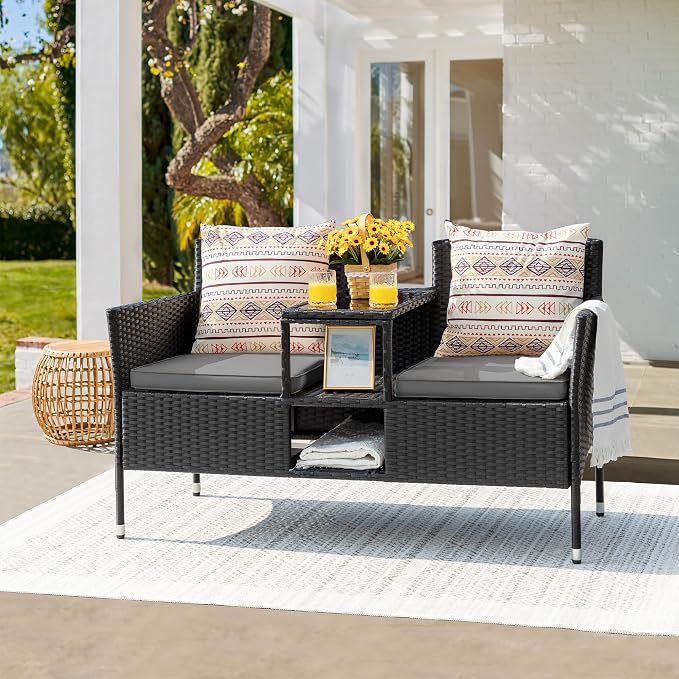 Devoko Outdoor Patio Loveseat Modern Rattan 2-Seat Patio Conversation Set - Image 2