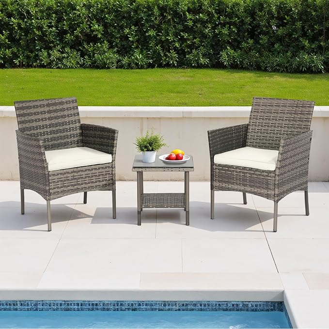 FDW | 3-Piece Patio Furniture Set | Gray & Khaki | Outdoor Wicker Furniture - Image 2