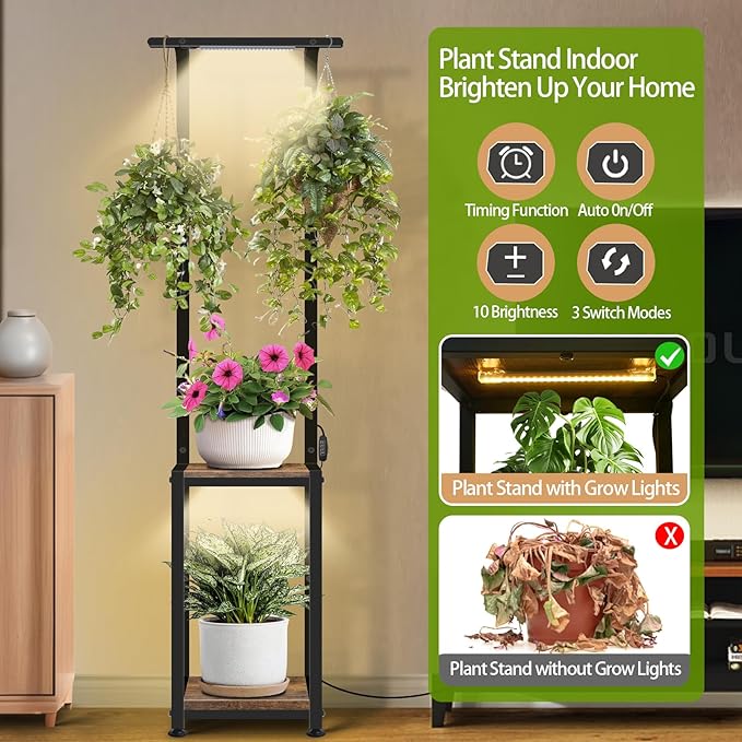 Plant Stand Indoor with Grow Lights, Hanging Plant Stand Plant Shelf Indoor - Image 2