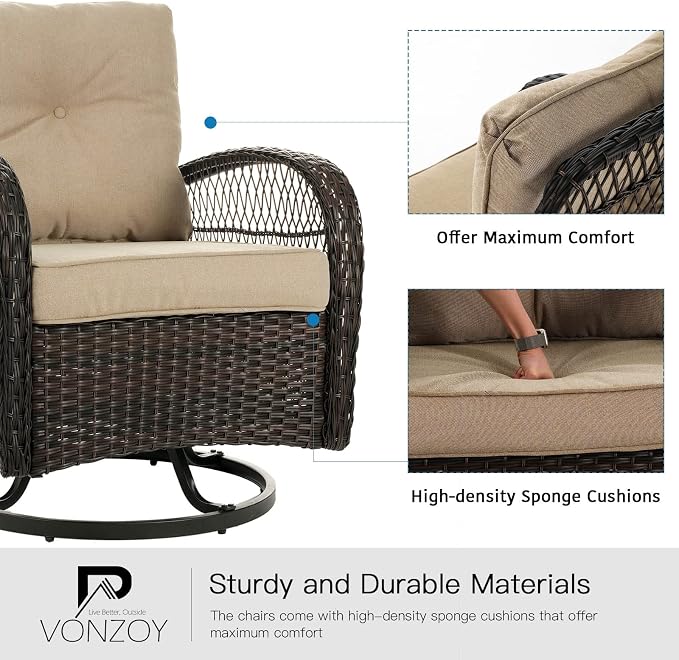 3 Pieces Patio Furniture Set, Outdoor Swivel Glider Rocker, Wicker Patio Bistro - Image 5