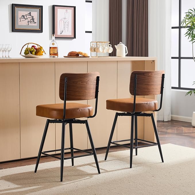VINGLI Counter Height Swivel Bar Stools Set of 2, Upholstered PU Leather - Image 5