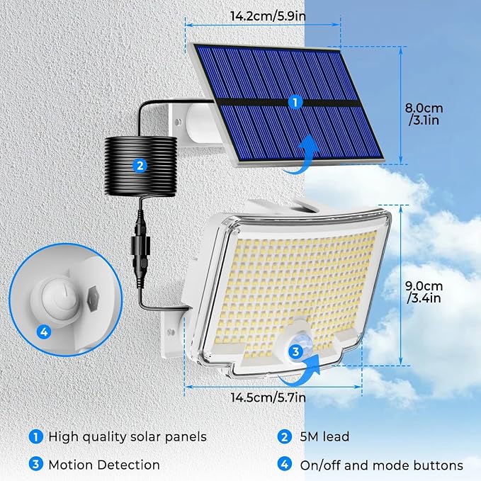 Peasur 1 Pack Solar Motion Lights Outdoor, 318 LED Solar Security Light - Image 4