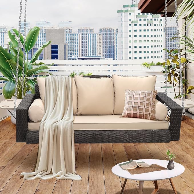 3-Person Hanging Porch Swing, Outdoor Wicker Hanging Swing Chair, 76inch Wicker - Image 6